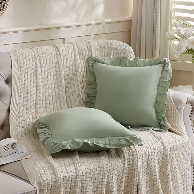 Merryword Green Pillowcases 18x18 Sage Green Throw Pillow Covers Pack of 2 Ruffle Pillowcase Cushion for Couch Sofa Bedroom