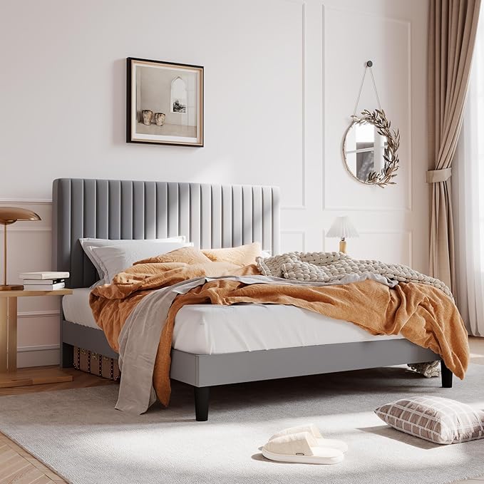 SHA CERLIN Queen Upholstered Platform Bed Frame with Vertical Channel Tufted Velvet Fabric Adjustable Headboard, Wooden Slats Support, Mattress Foundation, Box Spring Optional, Grey