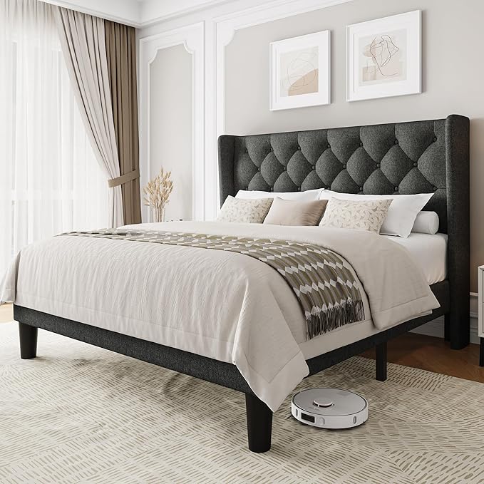 Einhomn Queen Size Platform Bed Frame with Fabric Upholstered Wingback Headboard, 8" Under Bed Space, Wooden & Metal Slats Support, No Box Spring Needed, Dark Gray