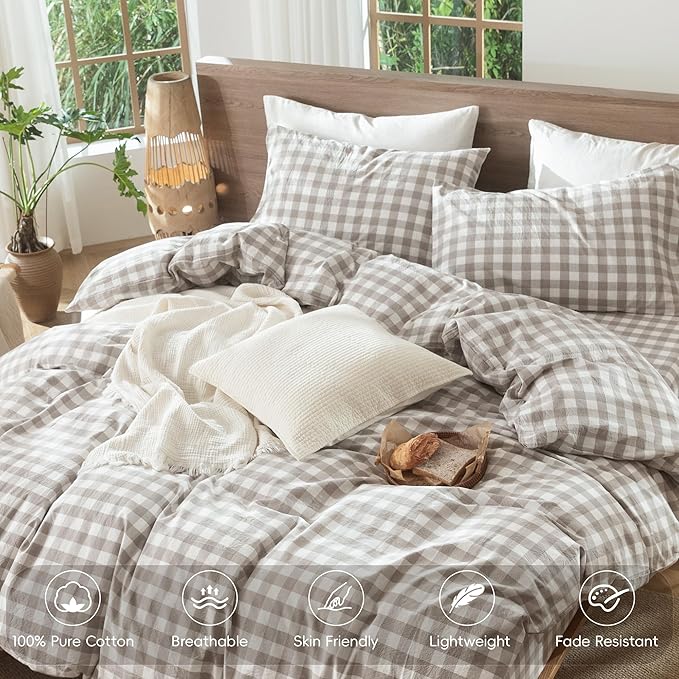 MooMee Gingham Duvet Cover Set 100% Washed Cotton Linen Like Textured Breathable Durable Soft Comfy Modern Checkered Design (Buffalo Plaid Tannish Linen Grey, Queen 90"x90")