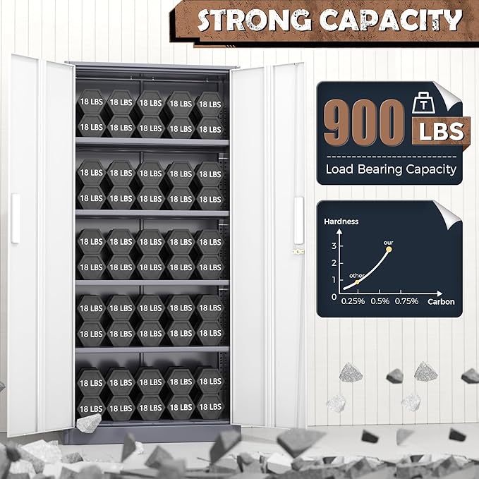INTERGREAT Storage Cabinets with Doors and Shelves, 72“ Steel Tool Locking Cabinet, Metal Storage Cabinet for Home Office, Warehouse, School, Grey White