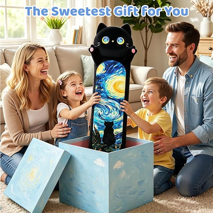 Mewaii Long Cat Plush 5 Sizes, 120% Extra Filling Giant Plushness Kids Body Pillow, Kawaii Cute Black Starry Cat Stuffed Animals Plushies, Big Long Body Pillow Cat Plush Gift for Girls 44”