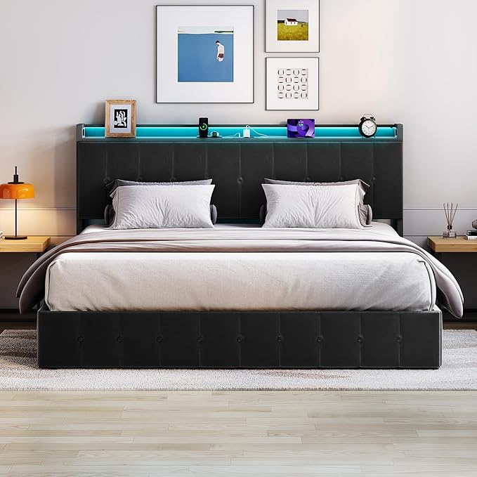 Garvee King Size Lift Up Storage Bed with LED Lights, Upholstered Velvet Bed Frame with Storage Headboard & Charging Station, Metal Platform Bed, No Box Spring Needed, Solid Wooden Slats, Black