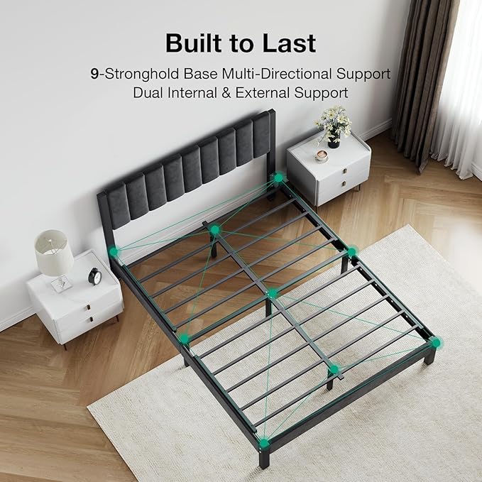 Novilla Queen Bed Frame with Piano Keys Headboard and Footboard, Metal Platform Bed Frames Queen Size, No Box Spring Needed, Easy Assembly, Steel Slats Support, Velvet Black