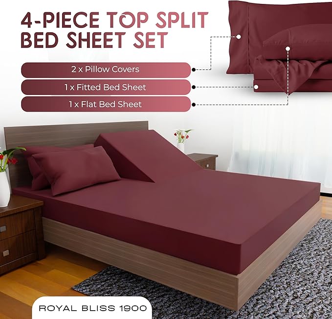 Top Split King Sheets Sets for Adjustable Bed, 4 Pcs Deep Pockets Double Brushed Microfiber Sheets, 34 Inch Split Top Fitted Sheet, 1 King Flat Sheet and 2 Pillowcases - Burgundy
