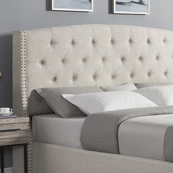 Roundhill Furniture Nantarre Fabric Tufted Wingback Upholstered Bed with Nailhead Trim, Queen, Tan