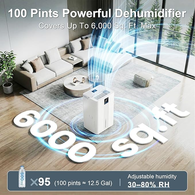 MEPTY 6000 Sq.Ft Dehumidifier,Max 100 Pint/Day Large Dehumidifier for Basement & Home with Drain Hose,Smart Humidity Control,24H Timer & Child Lock,3-Color Humidity Display Ideal for Bedroom,Bathroom