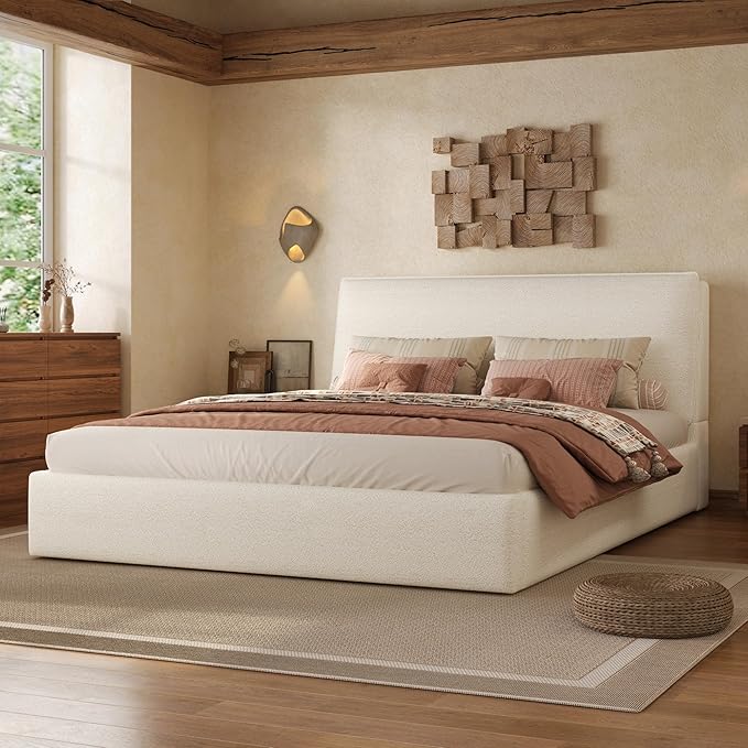 Christopher Knight Home Jamaiya Boucle Upholstered King Size Bed Frame with Wingback Headboard, Modern King Bed Frame and Headboard, Wooden Slats Support, Easy Assembly, No Box Spring Needed, White