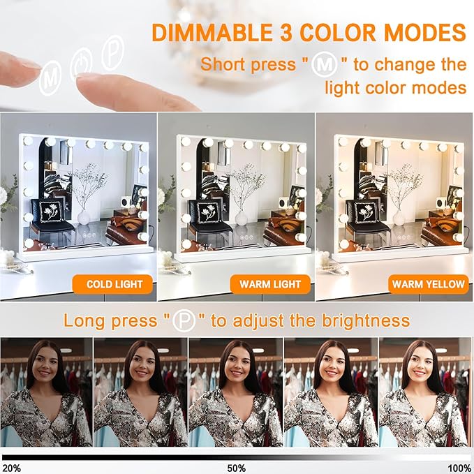 FENCHILIN Vanity Mirror with Lights, 22.8"x 18.1" Hollywood Makeup Mirror with 15 LED Dimmable Bulbs Lighted USB Charging Port 10X Magnification Tabletop for Bedroom