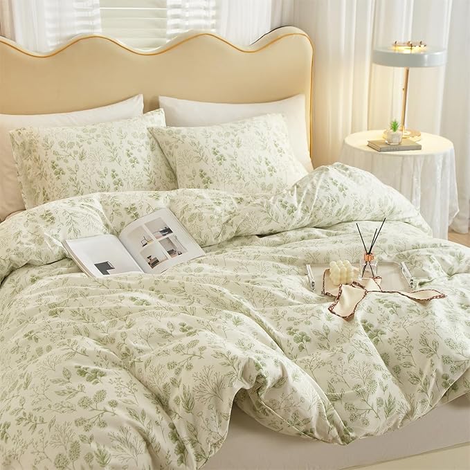mixinni 3pcs Girls Boho Green Floral Duvet Cover Set King Size Cotton Soft Aesthetic Cute Flowers Leaves Pattern Bedding Comforter Cover, 1 Queen Duvet Cover with 2 Pillowcases for All Seasons