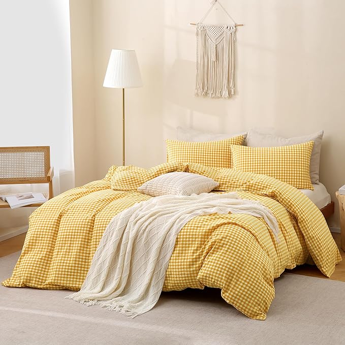 TOCOMOA Yellow Gingham Duvet Cover Bedding Set 100% Washed Cotton Like Linen Feel Super Soft Comfortable 3 Piece Vintage Plaid Checkered Comforter Cover Set (Queen 90"x90", Comforter Not Included)