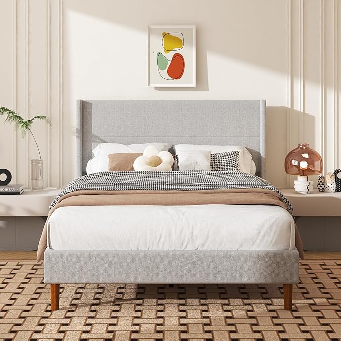 Full Size Bed Frame, Linen Upholstered Platform with Wingback Headboard, Wooden Slats Support, No Box Spring Needed, Easy Assembly, Lightgrey