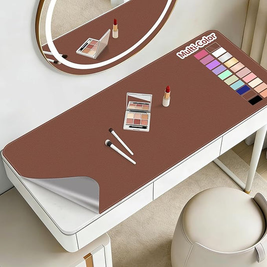 Makeup Mat for Vanity to Protect Desk Top 31.5 x 15.7 in, Dual-Sided Makeup Mat, Easy to Clean Desk Pad - Waterproof and Oilproof Vanity Accessories (Brown and Grey)