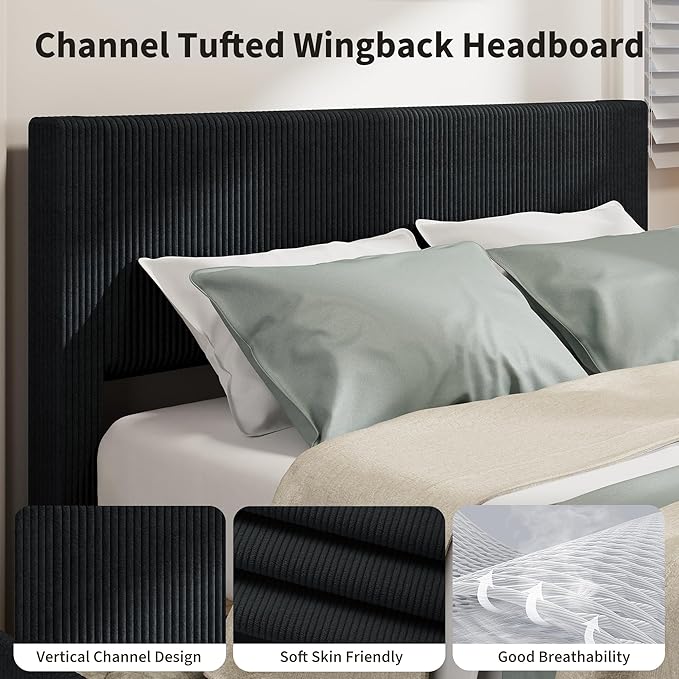IDEALHOUSE Full Size Bed Frame with Tufted Wingback Headboard, Platform Corduroy Upholstered Bed Frame with 4 Storage Drawers and Wooden Slats Support, No Box Spring Needed, Black