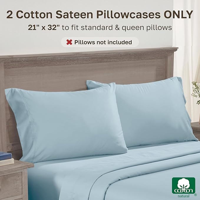 California Design Den Queen Size Pillow Cases Set of 2 - Premium 600 Thread Count, 100% Cotton Queen Pillow Covers, Breathable Sateen, Fits Standard & Queen Pillows - Sea Mist Blue