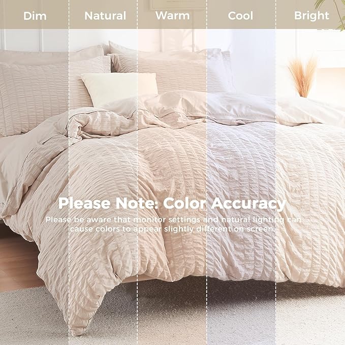 HYMOKEGE Beige Oversized King Comforter Set Seersucker 7 Pieces, All Season Luxury Bed in a Bag for Bedroom, Bedding Set with Comforter, Sheets, Pillowcases & Shams