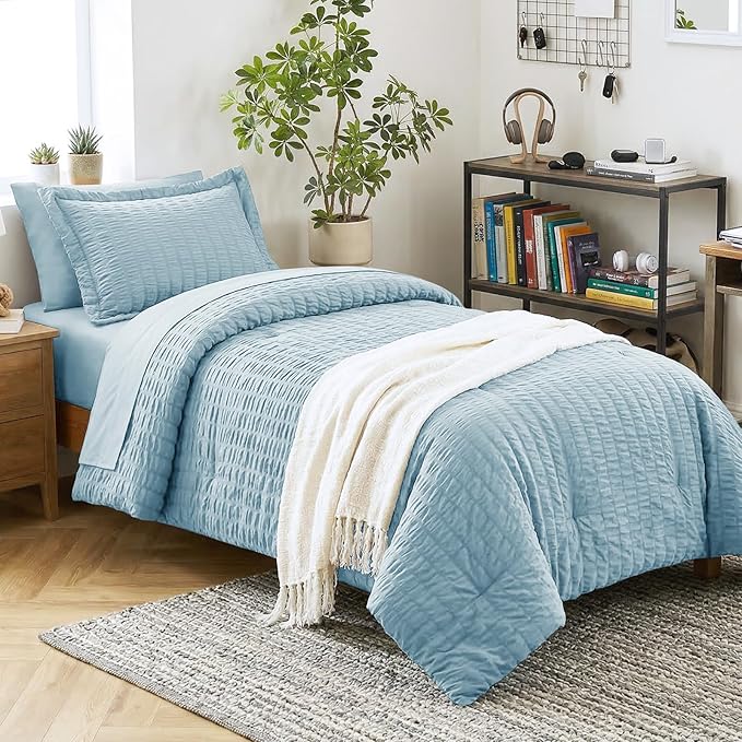 CozyLux Twin XL Comforter Set with Sheets Seersucker Light Blue 5 Pieces Bed in a Bag, Twin Extra Long Luxury Bedding Sets for College Dorm with Down Alternative Comforter, Sheets, Pillowcase & Sham