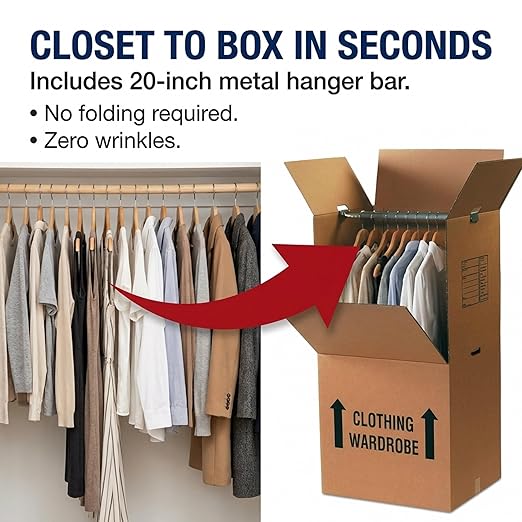 BOX USA Heavy-Duty Tall Wardrobe Moving Boxes with Hanger Bars (3-Pack) – 20″L × 20″W × 45"H – Extra-Tall 275#/ECT-48 Double-Wall Corrugated Boxes for Clothes, Coats & Dresses