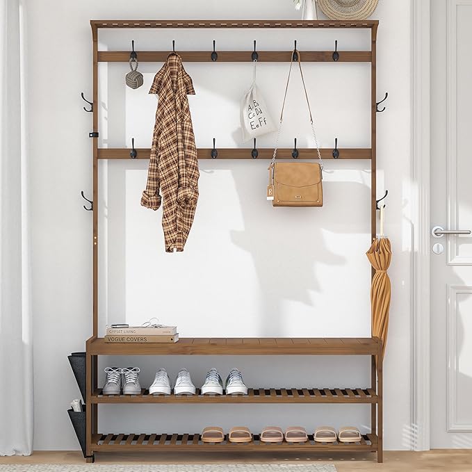 AMBIRD 6-in-1 Bamboo Hall Tree with Shoe Storage, Entryway Organizer Shoe Bench with 16 Coat Hooks and Cloth Bag, Sturdy Bamboo Storage Bench, 46 * 15 * 70 inches Brown