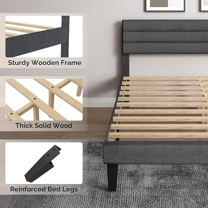 VINGLI Full Bed Frame with Headboard,Upholstered Platform Bed with Adjustable Headboard,Heavy Duty Slats Support,Mid Century Modern,Noise Free, No Box Spring Needed, Dark Gray