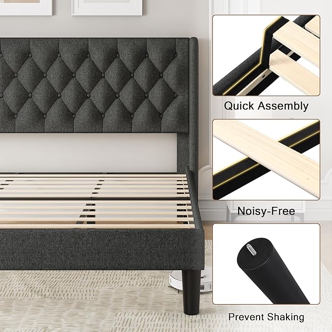 Einhomn King Size Platform Bed Frame with Upholstered Wingback Headboard, 12" Under Bed Space, Wooden & Metal Slats Support, No Box Spring Needed, Black