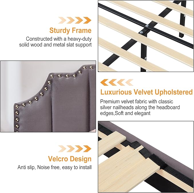 VECELO Queen Upholstered Platform Bed Frame with 4 Storage Drawers,Velvet Vintage Queen Bed with Nailhead Trim,Tufted Height Adjustable Headboard,Wooden Slats/No Box Spring Needed/Easy Assembly