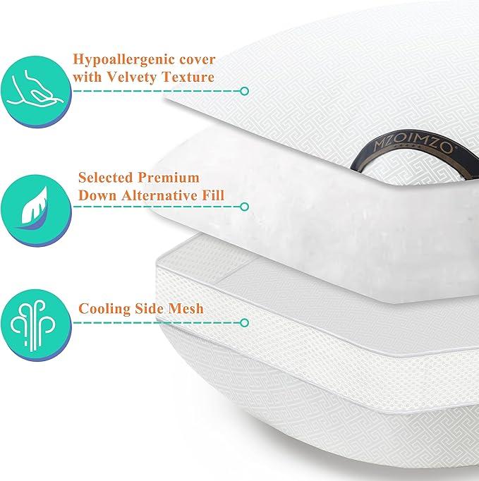 MZOIMZO Luxury Comfy Hotel Collection Bed Pillows for Sleeping- Firm Queen Size Set of 2, Gusseted Cooling Side Mesh Design with Premium Down Alternative Filling for Back, Stomach or Side Sleepers