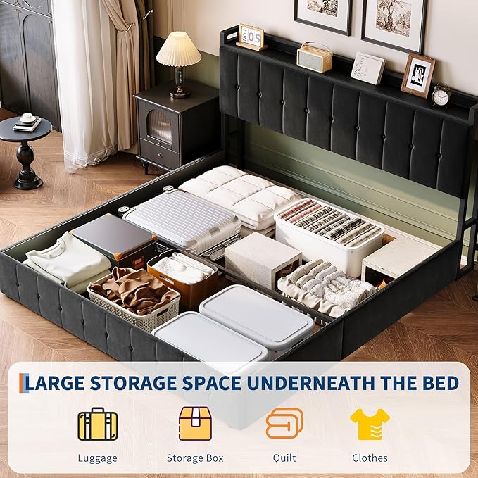 Garvee King Size Lift Up Storage Bed, Upholstered Velvet Bed Frame with Storage Headboard, Metal Platform Bed, No Box Spring Needed, Noise Free, Black