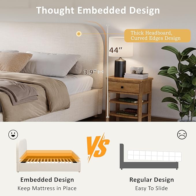 Christopher Knight Home Lanet Linen Upholstered Queen Size Bed Frame with Headboard, Modern Queen Bed Frame and Headboard, Wooden Slats Support, Easy Assembly, No Box Spring Needed, Beige