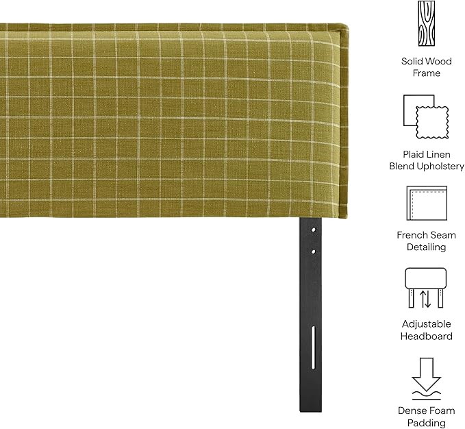 Modway Camille Queen Size Checkered Linen Blend Plaid Headboard with Removable Slipcover – in Artichoke Windowpane Check - Padded Pillow Style Headboard with Adjustable Mounting for Queen Beds