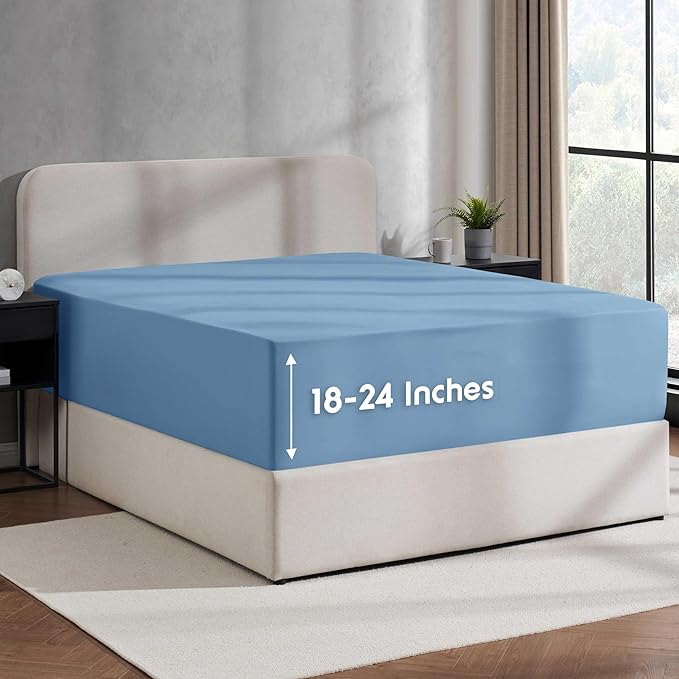 Nestl Blue Heaven California King Fitted Sheet Extra Deep Pocket, Hotel Luxury Cal King Fitted Sheet Only Easily Fits 18 to 24 Inch Mattress, Super Soft, Wrinkle-Free, Breathable with Corner Straps