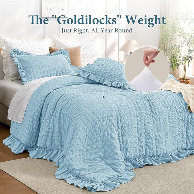 JOLLYVOGUE Light Blue Queen Comforter Set, 3 Pieces Seersucker Comforters Queen Size, Lightweight & Fluffy Bedding Sets for All Season with 1 Ruffle Comforter & 2 Ruffle Pillowshams