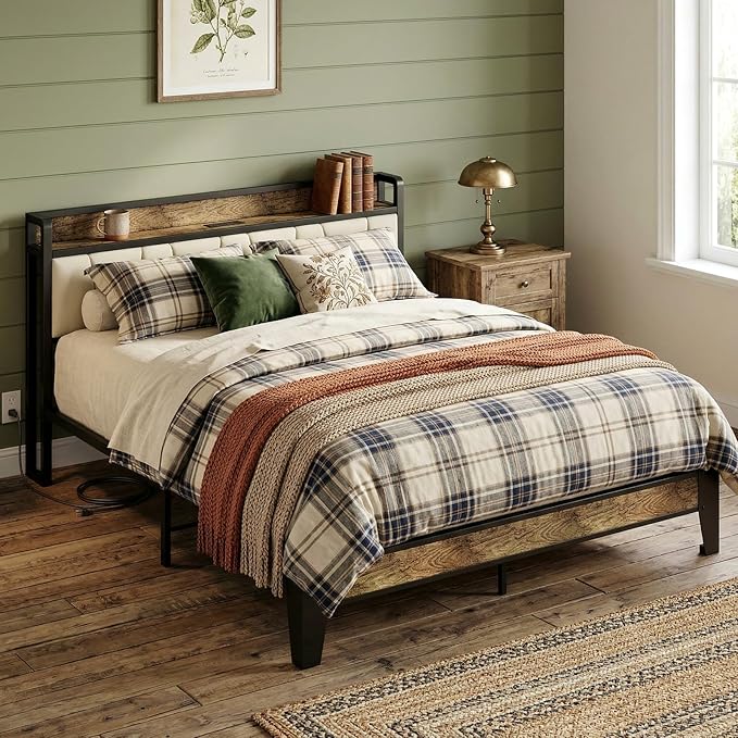 LIKIMIO Queen Bed Frame, Storage Headboard with Charging Station, Solid and Stable, Noise Free, No Box Spring Needed, Easy Assembly (Walnut and Beige)