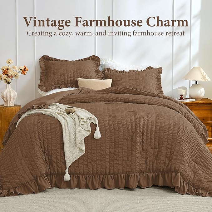 JOLLYVOGUE Queen Comforter Set, 3 Pieces Oak Brown Seersucker Comforters Queen Size, Lightweight & Fluffy Bedding Sets for All Season with 1 Ruffle Comforter and 2 Ruffle Pillowshams