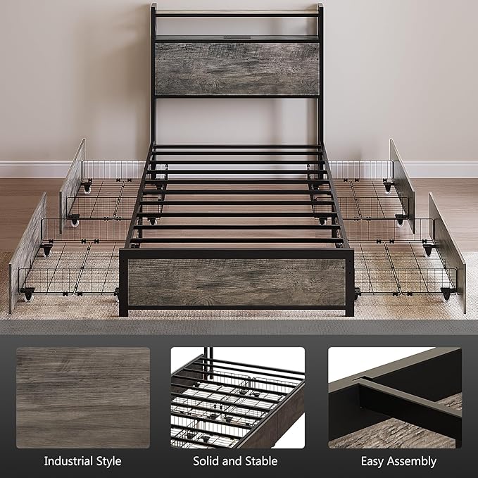 VINGLI Bed Frame Twin Size with 4 Storage Drawers and Headboard, Metal Platform Bed with Charging Station and RGB LED Lights, No Box Spring Needed, Noise Free, Easy Assembly, Wash Grey