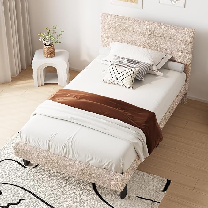 VINGLI Twin Bed Frame for Kids,Boucle Upholstered Platform Bed with Adjustable Headboard,Sturdy Wood Slats Support,Cloud Single Bed with Cream Design,Noise Free, Easy Assembly, Beige