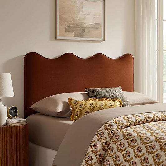 Monday Athena King Size Performance Velvet Adjustable Headboard in Rust - with Scalloped Wave Design and Stain-Resistant Velvet Upholstery