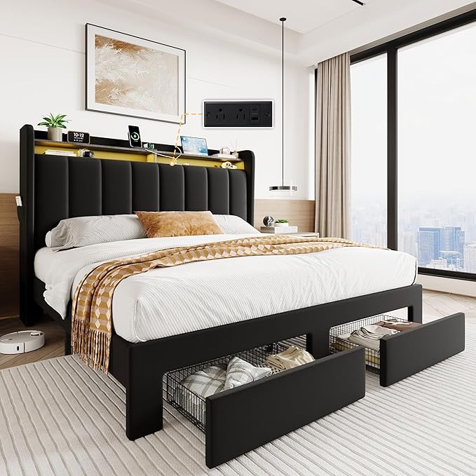 SHA CERLIN Velvet Full Size Bed Frame with Vertical Channel Tufted Wingback Headboard & 2 Storage Drawers/2-Tier Shelves with LED Lights & Charging Station/Noise-Free/No Box Spring Needed/Black
