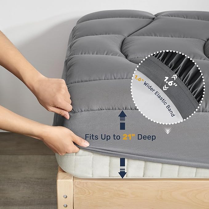Unikome King Mattress Pad Waterproof, Ergonomic Quilted Mattress Topper for Back Pain Relief – Breathable Bed Cover with Deep Pocket (Fits 8-21 Inches), Noiseless & Machine Washable (Grey, 78x80)