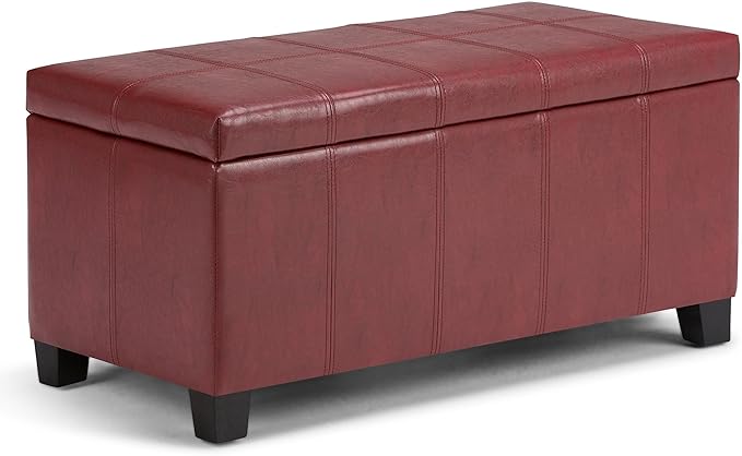 SIMPLIHOME Dover Storage Ottoman Bench - 36 inch Wide Upholstered Vegan Leather Rectangular Lift-Top Ottoman in Radicchio Red, Contemporary Bench for Living Room with Safety Hinges