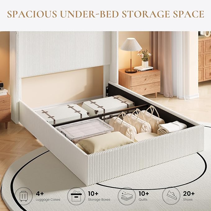 SHA CERLIN Full Size Lift Up Storage Bed Frame, Modern Upholstered Wingback Headboard, Hydraulic Support & Underneath Storage, Soft Corduroy Fabric Platform Bed, No Box Spring Needed, White