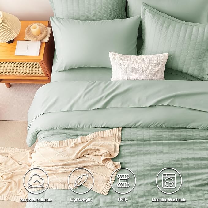 CozyLux King Size Comforter Set Sage Green Seersucker 7 Pieces Bed in a Bag King Comforter Set with Sheets, Luxury Bedding Sets with Down Alternative Comforter, Sheets, Pillowcases & Shams All Seasons
