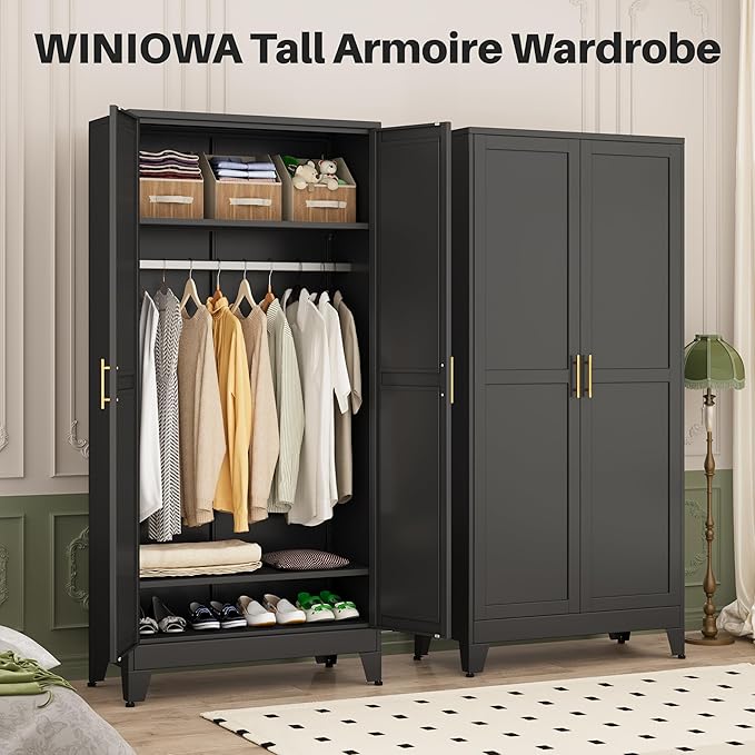 winiowa Metal Armoire Wardrobe Closet with 2 Doors, 71" Wardrobe Cabinet with Adjustable Shelves and Hanging Rod, Clothing Storage Cabinet Closet for Bedroom-Black