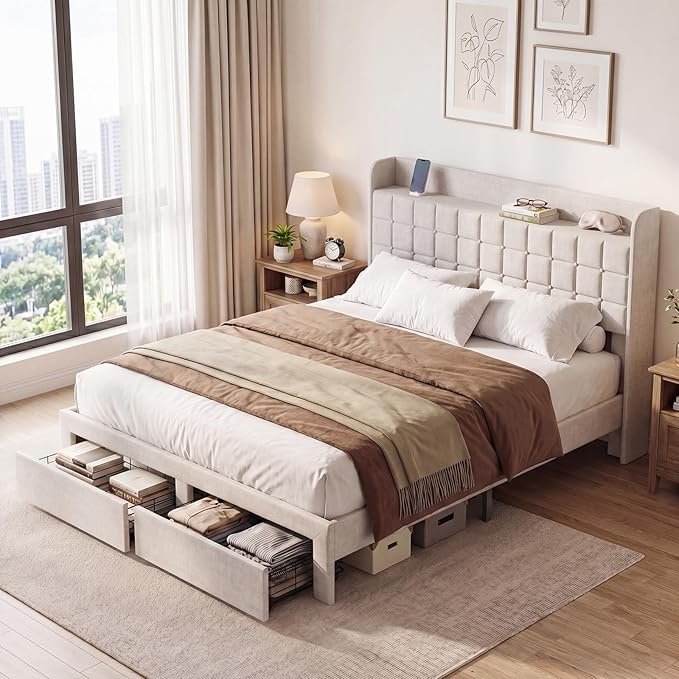 DUMOS Queen Size Upholstered Platform Bed Frame, Queen Bed with Storage Drawers and Fabric Headboard, Wooden Slats Support, 882 lbs Weight Capacity, No Box Spring Needed, Easy Assembly, Beige