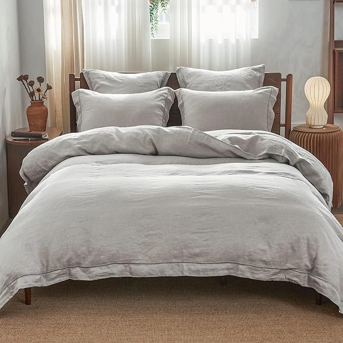 Simple&Opulence 100% Linen Duvet Cover Set with Embroidery Border Washed - 3 Pieces (1 Duvet Cover with 2 Pillow Shams) with Button Closure Soft Breathable Farmhouse - Light Grey, Full Size