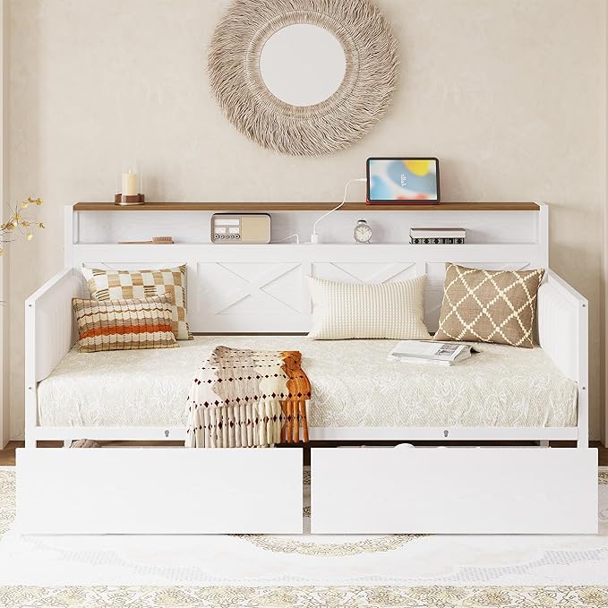 IRONCK Twin Size Daybed with Storage Drawers, Sturdy Metal Bed Frame with X-Shaped Headboard and Charging Station, Upholstered Farmhouse Daybed for Living Room, Bedroom, and Guest Room, White/Walnut