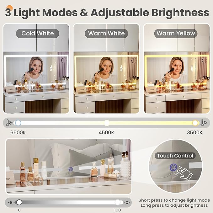 Pamapic Glass Top Makeup Vanity with Crystal Handles, 11 Drawers Vanity Desk with Mirror and Stool, 3 Lighting Modes Dressing Table with Charging Station, White