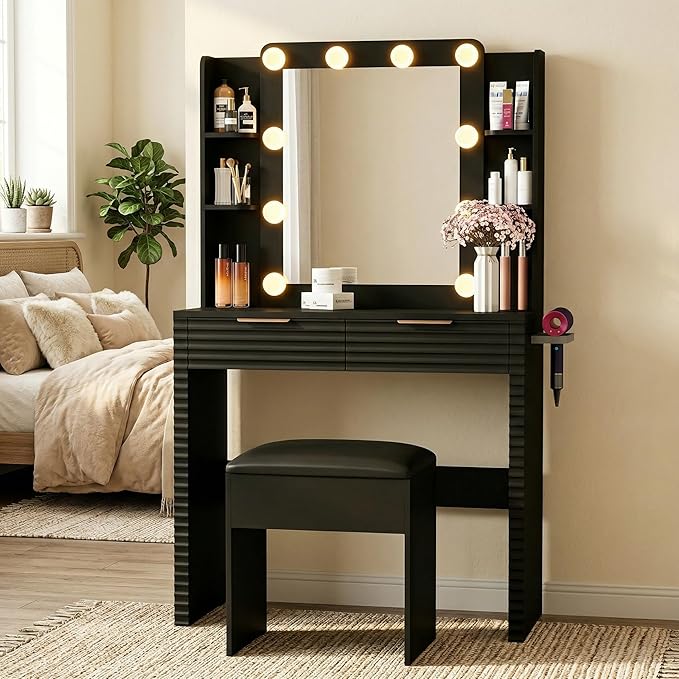 Makeup Vanity Desk with Charging Station & Storage Stool, Black Fluted Vanity Table with 10 Hollywood Bulbs, 3-Color Lighted Mirror, Hair Dryer Holder & Type-C Port, Modern Dressing Table for Bedroom