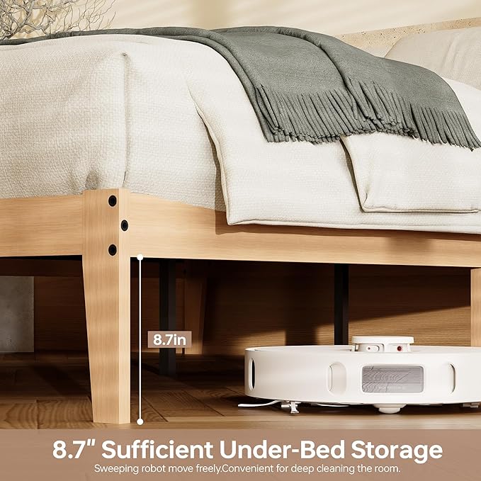 Tyndall Full Size Bed Frame with LED Lights, 12 Inch Solid Wood Platform Bed Frame with Under Bed Storage, Wooden Slats Support, Natural Finish, No Box Spring Needed, Noise Free, Easy Assembly