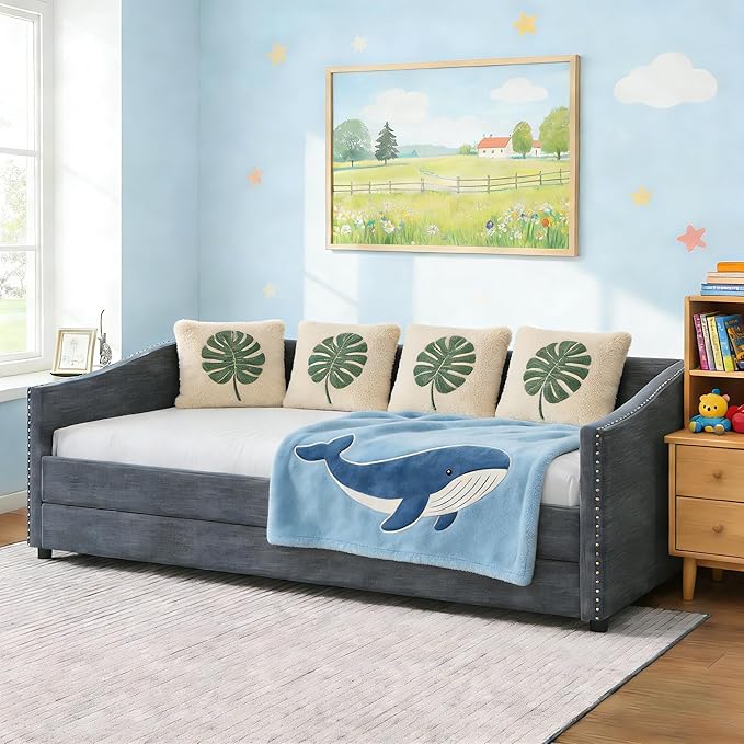 Upholstered Daybed with Trundle, Twin Size Day Bed w/Button-Tufted Back and Piping on Waved-Shape Arms for Bedroom or Guest Room, No Box Spring Required, Dark Gray